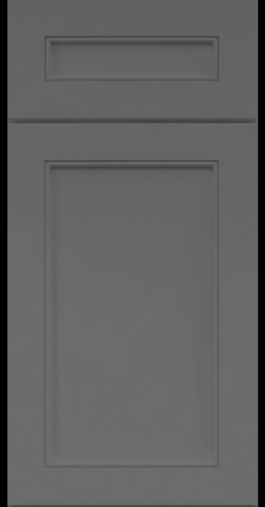 Alpine-style mitered shaker cabinet in Gun Metal with a flat center panel and inside bead detail.